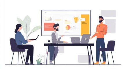 Office workers collaborating on a digital presentation using a projector