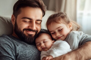 Heartwarming photo of a bearded father snuggling with his two young children a baby and a toddler in a cozy home setting filled with soft natural light and tender emotion