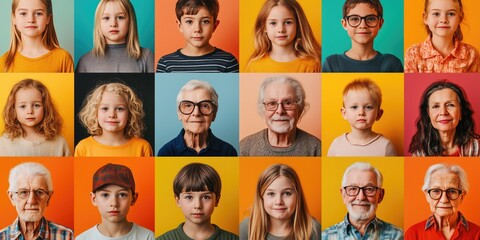 Multigenerational Portraits. Diverse Individuals Across Generations on Colorful Backgrounds.