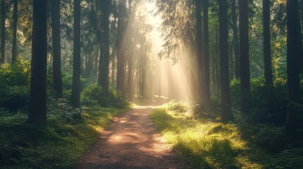 Fototapeta premium Path through a dense forest with sunlight streaming through tall trees