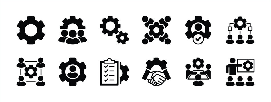 Business settings flat icon set. Gear or cog option. Containing management, teamwork, occupation, action plan, tasks, collaboration, organization, handshake, resource, meeting, team. Vector