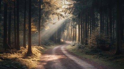 Fototapeta premium Path through a dense forest with sunlight streaming through tall trees