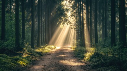 Fototapeta premium Path through a dense forest with sunlight streaming through tall trees