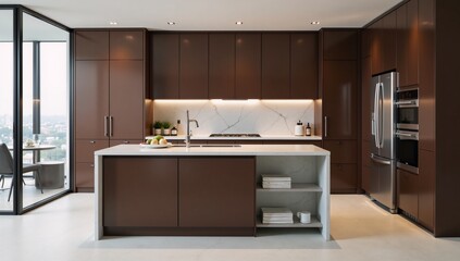 Modern luxury kitchen interior features a sleek kitchen island
