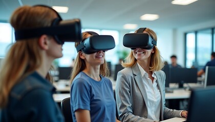 People in a virtual reality training session with VR headsets in an office
