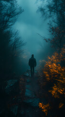 man walking on a path in a strange dark forest with fog