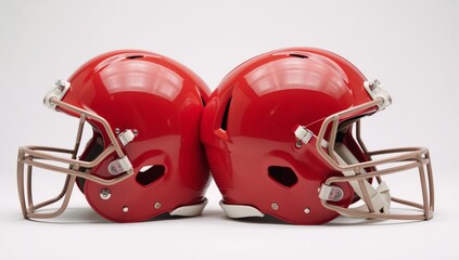 Fototapeta premium Close-up image Red American football helmets against a white backdrop