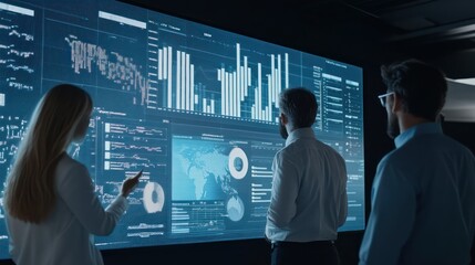 Professional team analyzing business metrics on a large interactive screen