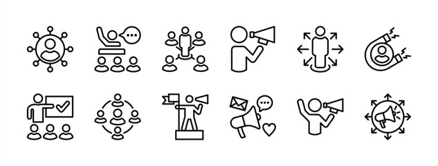 Influencer thin line icon set. Containing promotion, leadership, passion, marketing, social media, community, advertisement, guidance, coaching, confidence, motivation, adviser, campaign. Vector