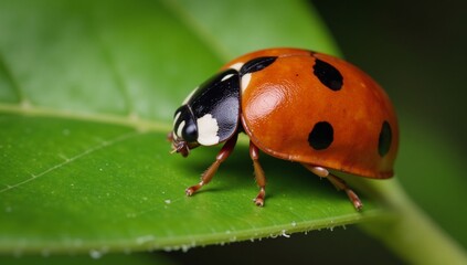 Fototapeta premium Ladybug with black spots on leaf Stock Image