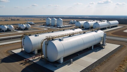 A detailed 3D image depicts the US industry featuring spherical vaults for cryogenic liquid storage and high-pressure boilers compliant with ASME BPVC standards within this sector