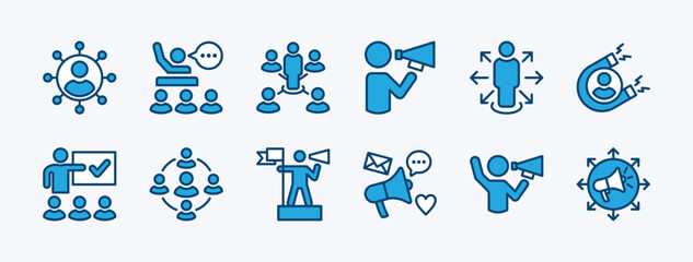 Set of influencer icon. Containing promotion, leadership, passion, marketing, social media, community, advertisement, guidance, coaching, confidence, motivation, adviser, campaign. Vector illustration