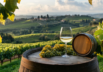 A glass of white wine sits on a table next to a barrel of wine. The scene is set in a vineyard, with a view of the hills in the background. The wine glass and barrel of wine suggest a relaxed