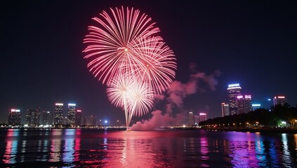 A vibrant retro neon firework show against a glowing neon backdrop