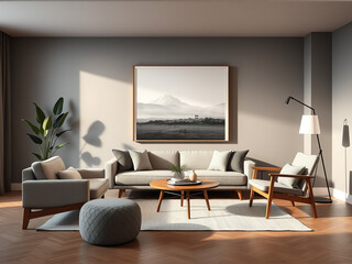 A contemporary living room featuring a large artwork prominently displayed on the wall.