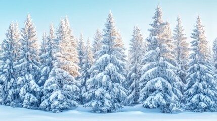 Naklejka premium Tall fir trees stand in a winter forest, their branches heavy with snow. The scene is a peaceful winter wonderland.