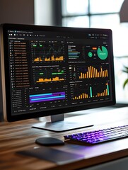Modern computer monitor displaying colorful data analytics and charts.