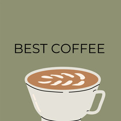 Coffee sale label or banner square template. Retro design, flat illustration. Coffee cup on green background.