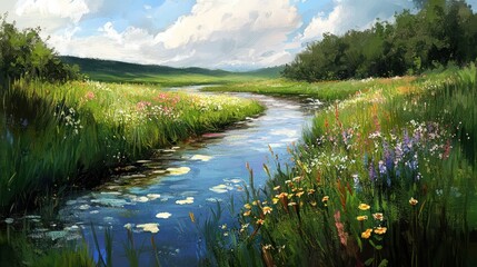 Fototapeta premium River flowing through a meadow with wildflowers blooming along the banks