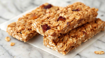 Nutritious homemade granola bars packed with oats and dried fruits ready to serve on a marble countertop