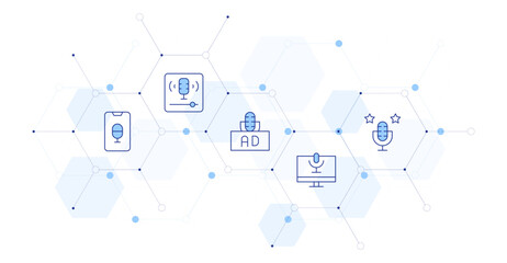 Podcast Banner Vector Illustration with Icon Style in Between. Line Duotone icon. Containing ad, application, computer, podcast