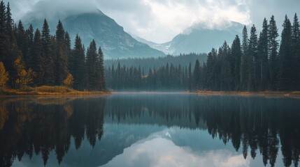 Fototapeta premium Serene lake reflecting pine trees and mountains in the background
