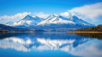 Snow-capped mountain peaks reflecting on a calm lake