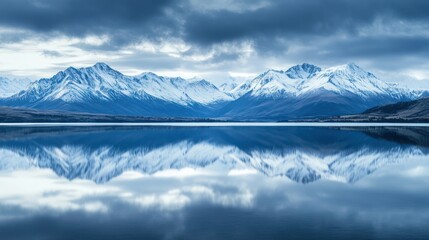 Snow-capped mountain peaks reflecting on a calm lake