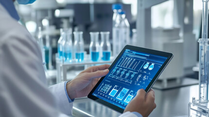 Technician recording experiment data on a tablet in a modern laboratory filled with glassware and scientific equipment