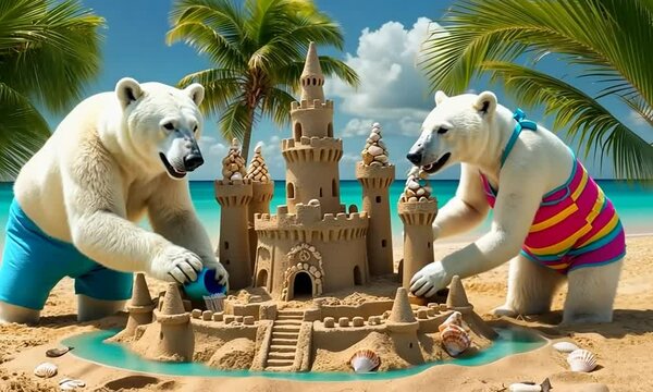 Two playful polar bears engage in a creative sandy activity, crafting a detailed sandcastle adorned with shells, all against a backdrop of palm trees and sparkling blue waters