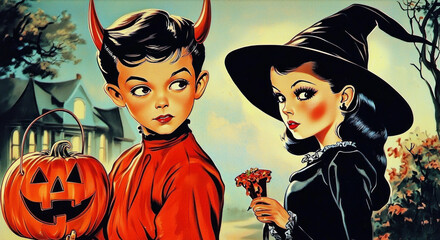 Children in Halloween costumes. Boy in red devil costume and girl in witch costume go trick-or-treating on Halloween. Vintage Halloween illustration, retro style