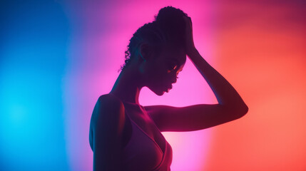 A model changes poses gracefully under vibrant studio lights during a creative photoshoot in an artistic setting