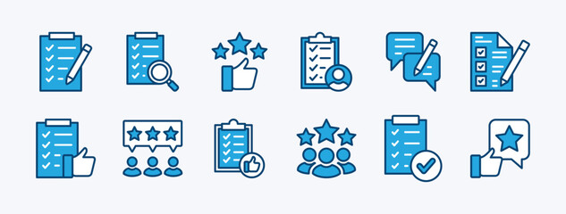 Set of evaluation icon. Containing checklist, feedback, verify, check, thumb up, rating, star, examine, checkmark, tick, opinion, research, review, satisfaction, result, inspection vector illustration
