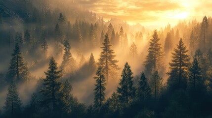 Obraz premium Sunrise over a tranquil forest with mist rolling through the trees