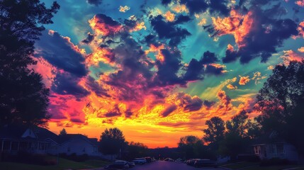 The sky is a beautiful mix of colors at sunset, with fluffy clouds. This would be a great picture for nature or abstract photography.