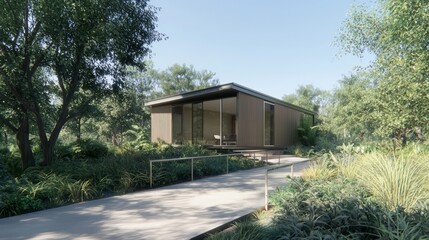 Modern Sustainable Modular Home Design for Accessibility in Lush Environment - 3D Render Illustration