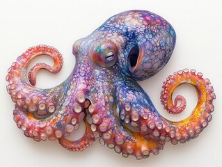 Obraz premium an octopus gracefully floats against a pristine white background, its vibrant colors and intricate patterns glowing, showcasing its unique textures and fluid movements in a minimalist setting