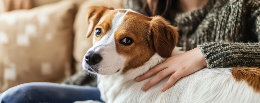 Pet owner resting their hand on a dog's back, trust and loyalty captured in a calm indoor scene, Pet Owner, Comfort, Trust