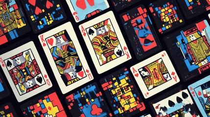 Fototapeta premium Playing cards with video game glitches in pixel art style