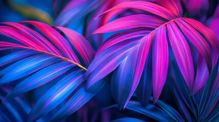 Vibrant blue and purple tropical leaves glow like neon under a dark blue and purple sky.  The close-up details are striking and create a futuristic, exotic, and trendy look.