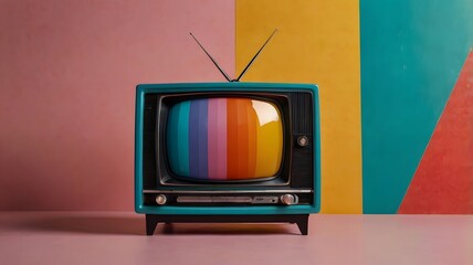 Classic old tv with rainbow colors on screen against modern pastel wall