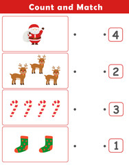Counting educational children game. Math kids activity sheet. How many counting game with cute christmas illustration.