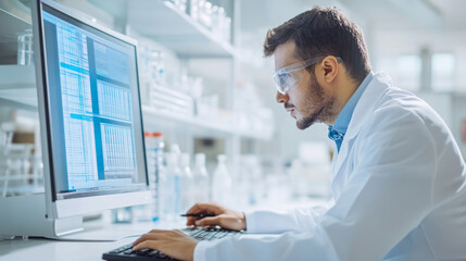 Scientist reviewing experimental data on a computer in a laboratory setting during daylight hours