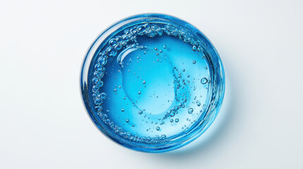 A shimmering blue sphere capturing tiny bubbles in tranquil elegance against a white background