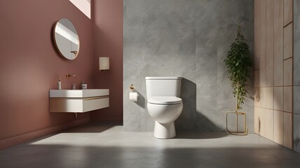 Classic white toilet with gold accents and pink tiled wall in cozy bathroom interior
