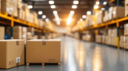 Fototapeta premium A spacious warehouse filled with shelves of boxes, illuminated by warm overhead lights, creating a productive and organized atmosphere.
