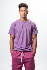 Fototapeta premium a man in purple color casual outfit standing in the studio with isolated background