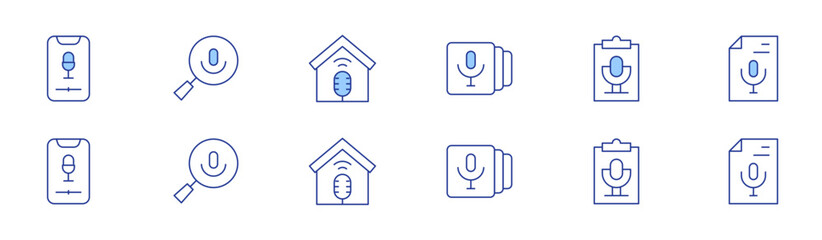 Podcast icon set in two styles, Duotone and Thin Line style. Editable stroke. smartphone, podcast, script, search, studio, transcription