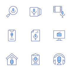 Podcast icons set. Line Duotone style, editable stroke. computer, smartphone, podcast, script, search, studio, transcription