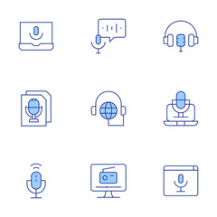 Podcast icons set. Line Duotone style, editable stroke. computer, script, voice control, podcast